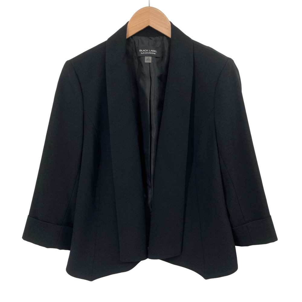 Evan-Picone Black Label Black Shawl Collar Blazer Open Front Size 8 Womens